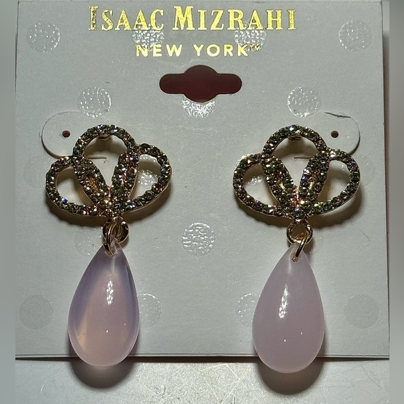 ISAAC MIZRAHI Gold Tone Post Earrings Pave Crystals with Pink Dangling Stone - Picture 3 of 5